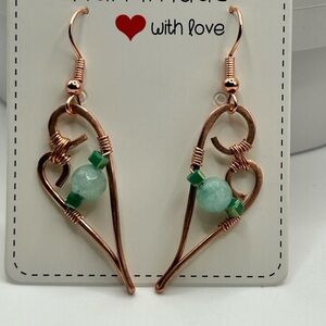 Elegant Copper Heart Earrings with Green Accents